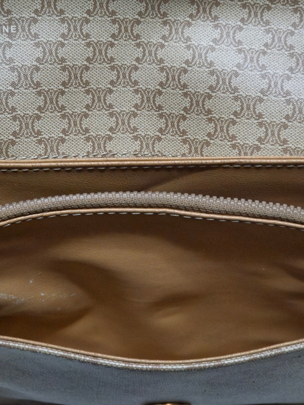 CELINE Macadam Brown Leather Trim Crossbody Shoulder Purse Bag PVC Canvas Beige - Picture 5 of 16